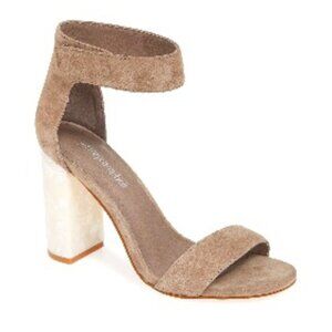 Jeffrey Campbell Lindsay Opal/Shell-Looking Lucite-Heeled Taupe Suede Sandals